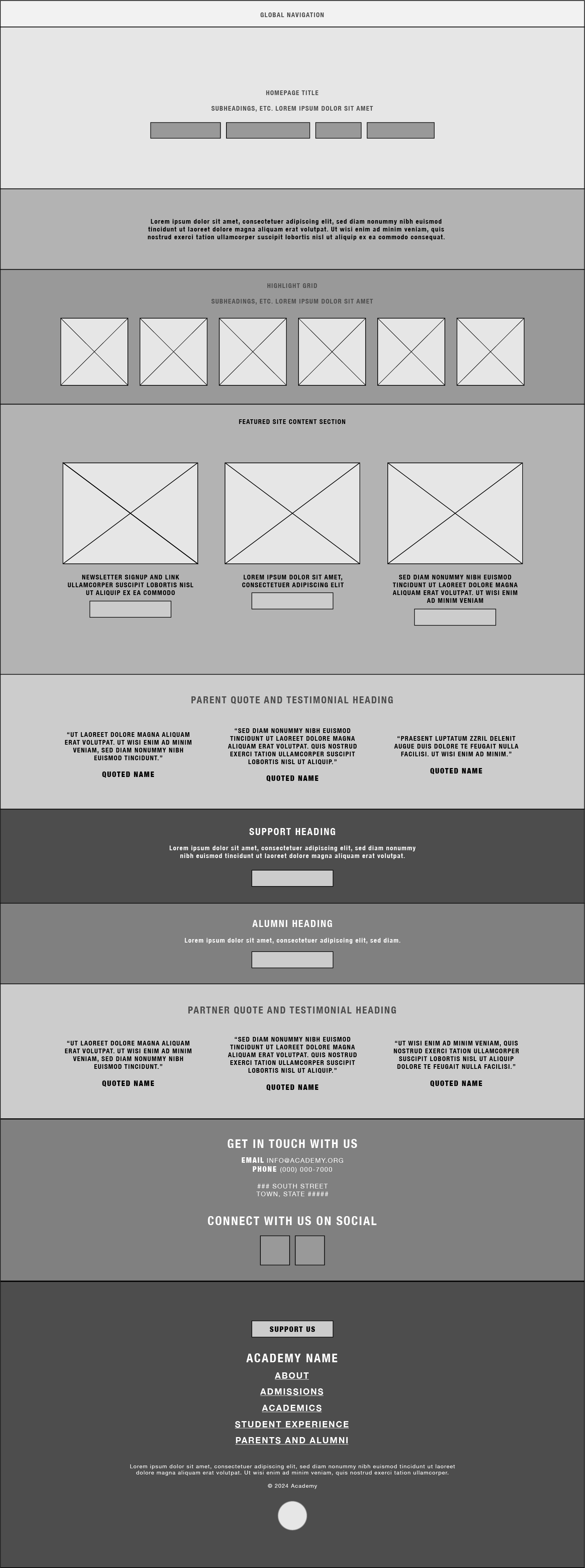 Grayscale wireframe document