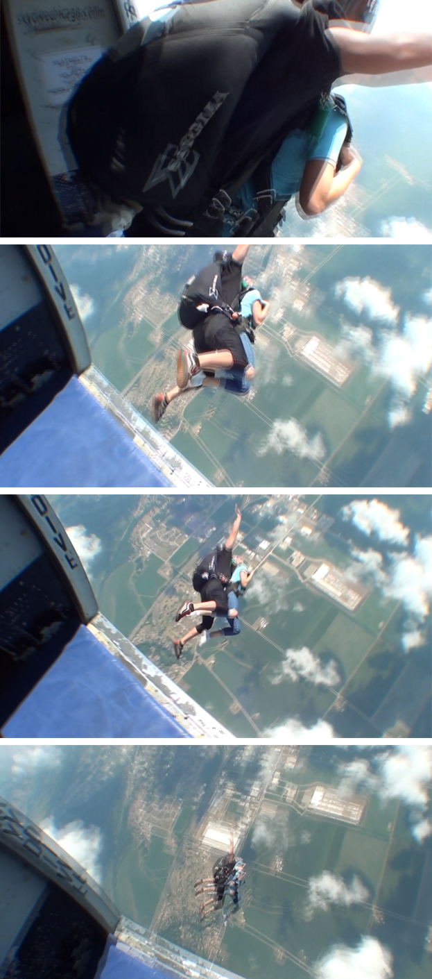 Four panel image showing my first skydive jump